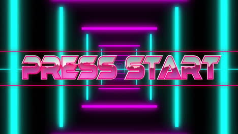 Animation-of-press-start-text-over-neon-tunnel-on-black-background