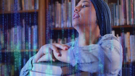 Animation-of-ai-text-and-data-over-biracial-female-student-in-hijab-with-books