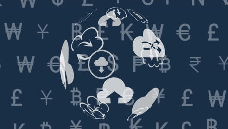 Animation-Von-Währungssymbolen-Und-Globus-Mit-Wolken-Auf-Dunklem-Hintergrund