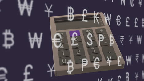 Animation-of-currency-symbols-and-calculator-on-dark-background
