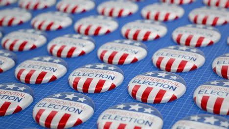 Animation-of-presidential-election-text-american-flag-button-pin-badges-on-blue-background