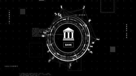 Animation-of-bank-icon,-network-with-data-processing-and-currency-over-black-background