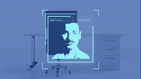 Animation-Der-Datenverarbeitung-Mit-Porträts-über-Einem-Schreibtisch-Mit-Computer-Auf-Blauem-Hintergrund