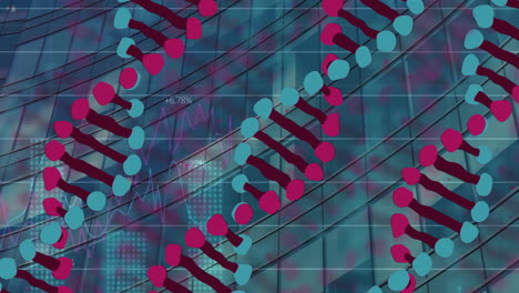 Animation-Von-DNA-Strängen-Und-Datenverarbeitung-über-Einem-Bürogebäude