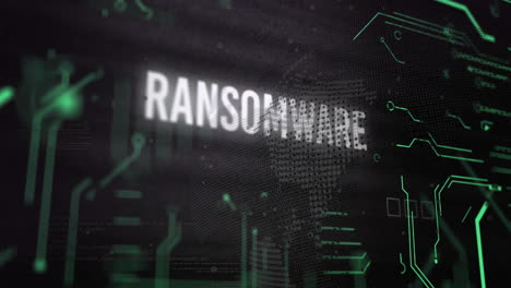 Animation-Von-Ransomware-Text-über-Biometrischem-Fingerabdruck-Auf-Schwarzem-Hintergrund