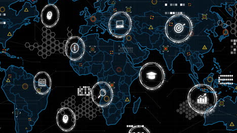 Animation-of-digital-data-processing-over-icons-and-world-map-on-black-background