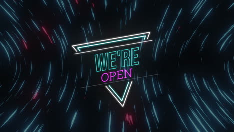 Animation-of-we're-open-neon-text-over-light-trails-on-black-background