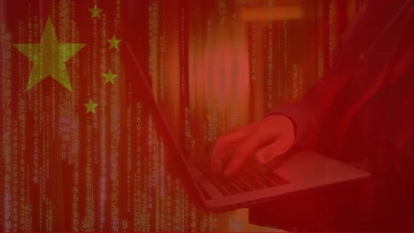 Animation-Eines-Geschäftsmannes,-Der-Einen-Laptop-Verwendet-Und-Daten-über-Der-Flagge-Chinas-Verarbeitet