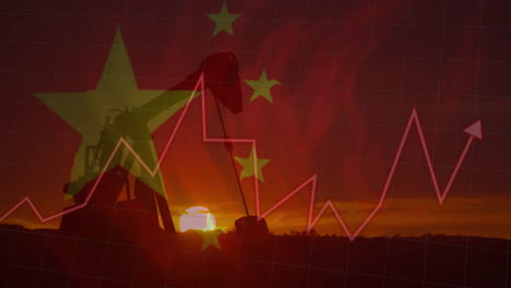 Animation-Eines-Diagramms-Und-Eines-Ölbohrturms-Bei-Sonnenuntergang-über-Der-Chinesischen-Flagge