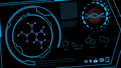 Animation-of-science-data-processing-and-chemical-formula-over-black-background