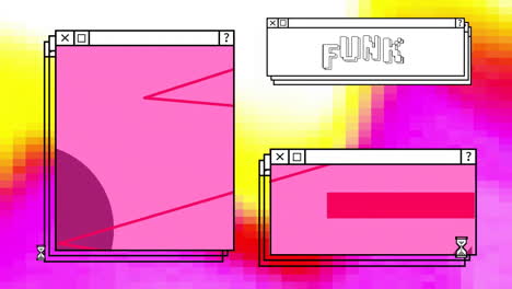 Animation-of-funk-text-and-computer-screens-over-neon-pattern-background