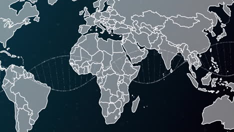 Animation-Eines-DNA-Strangs-Und-Datenverarbeitung-über-Einer-Weltkarte