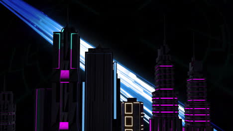Animation-Moderner-Gebäude-Mit-Neonlichtern-In-Der-Nacht-über-Einem-Lichtstrahl-Auf-Schwarzem-Hintergrund