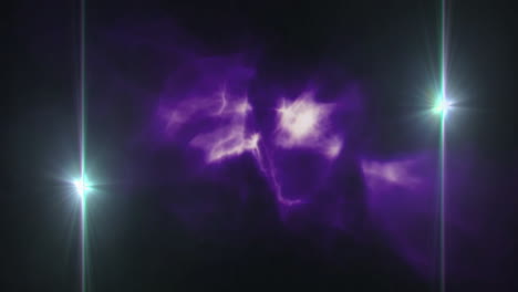 Animation-of-blue-spotlight-beams-over-purple-light-clouds-on-dark-background