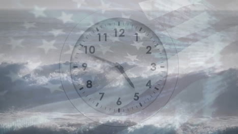 Animation-of-clock-ticking-over-flag-of-usa-and-clouds
