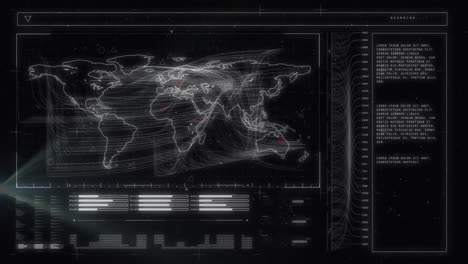 Animation-Der-Datenverarbeitung-Und-Weltkarte-Auf-Schwarzem-Hintergrund