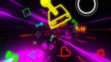 Animation-Von-Neon-Videospielsymbolen-über-Dem-Hintergrund-Von-Neonlichtspuren