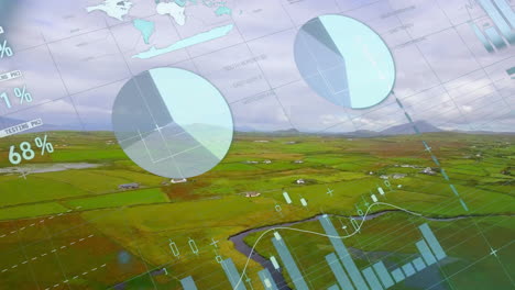 Animation-of-charts-processing-data-over-green-fields-in-rural-landscape