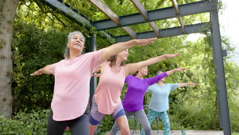 Ältere-Vielfältige-Gruppe-Von-Frauen-Praktiziert-Yoga-Im-Freien