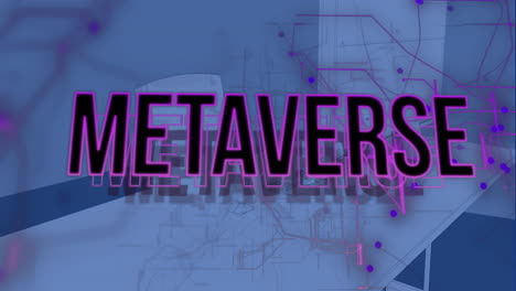 Animation-Von-Metaverse-Text-über-Schreibtisch-Mit-Computer-Auf-Blauem-Hintergrund