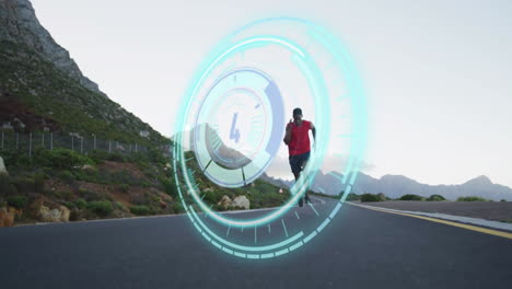 Animation-of-circular-scanner-with-countdown-over-african-american-male-athlete-running-on-road