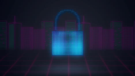 Animation-of-digital-padlock,-cloud-and-shield-over-grid-background