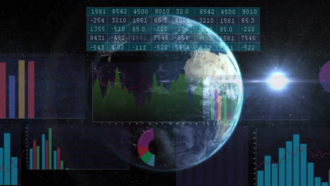 Animación-Del-Procesamiento-De-Datos-Financieros-Sobre-El-Mundo-Sobre-Fondo-Oscuro