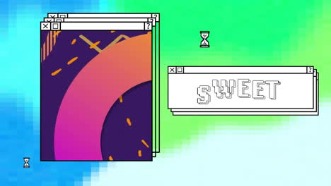 Animation-Von-Süßem-Text-Und-Computerbildschirmen-über-Neonfarbenem-Musterhintergrund