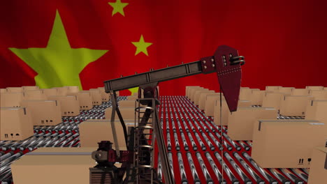Animation-of-pumping-oil-derrick-and-boxes-on-conveyor-belts-at-warehouse-over-flag-of-china
