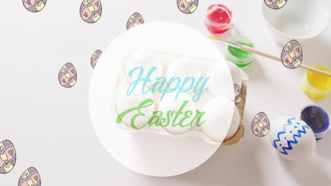 Animation-of-happy-easter-text-over-eggs-and-paints-on-white-background