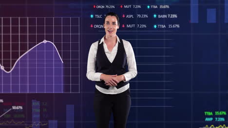 Animation-of-financial-data-processing-and-caucasian-businesswoman-over-dark-background