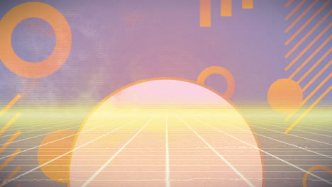 Animation-Von-Orangefarbenen-Formen-über-Linien-Auf-Violettem-Hintergrund