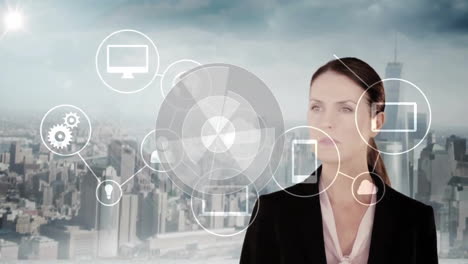 Animation-of-data-processing-with-scope-and-icons-over-caucasian-businesswoman-and-cityscape