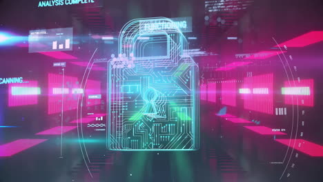 Animation-of-padlock-and-digital-data-processing-over-neon-stripes
