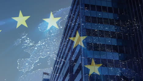Animation-Der-Flagge-Der-Europäischen-Union-Und-Karte-über-Bürogebäuden-In-Der-Stadt