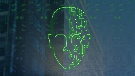 Animation-of-face-silhouette-with-computer-circuit-board-over-modern-office-building