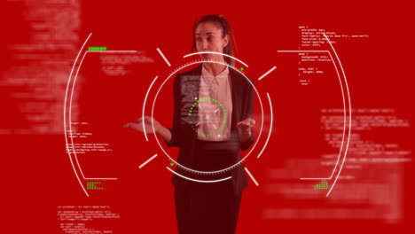 Animation-of-scope-scanning-with-data-processing-over-caucasian-businesswoman-on-red-background