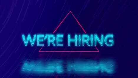 Animation-of-we're-hiring-neon-text-over-neon-pattern-on-dark-background
