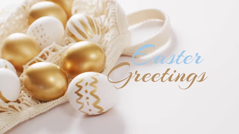 Animation-of-easter-greetings-text-over-gold-and-white-eggs-on-white-background