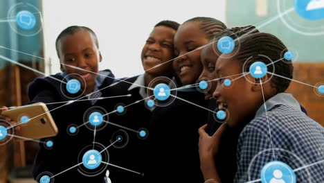 Animation-of-network-of-connections-over-african-american-schoolchildren-using-smartphone