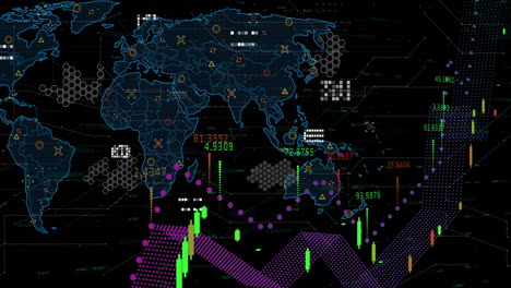 Animación-Del-Procesamiento-De-Datos-Digitales-Sobre-El-Mapa-Mundial-Sobre-Fondo-Oscuro