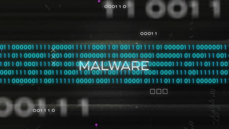 Animation-of-malware-text-with-computer-circuit-board-over-data-processing-on-black-background