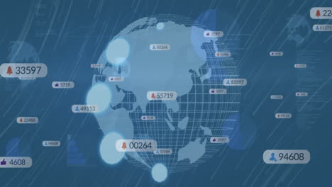 Animation-Von-Social-Media-Symbolen-Mit-Zahlen-über-Dem-Globus-Und-Linien-Auf-Blauem-Hintergrund