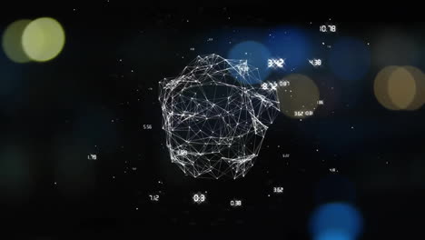 Animation-of-globe-of-connections-with-data-processing-over-light-spots-on-black-background