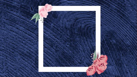 Animation-of-white-frame-with-pink-flowers-and-copy-space-over-blue-patterned-background