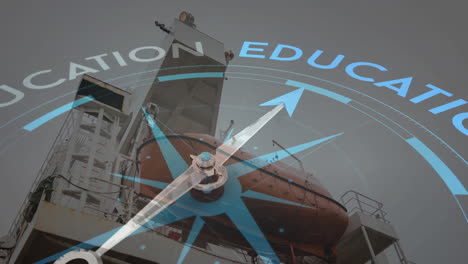 Animation-of-compass-with-arrow-pointing-to-education-text-over-ship