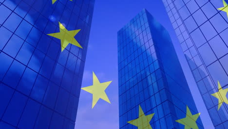 Animation-of-flag-of-european-union-over-office-buildings-in-city