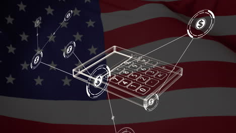 Animation-Des-Dollarzeichens-Und-Des-Taschenrechners-über-Der-Flagge-Der-USA
