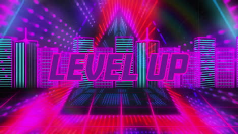 Animation-of-level-up-text-and-digital-data-processing-over-neon-background