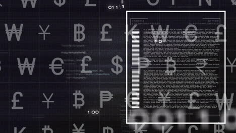 Animation-of-currency-symbols-and-data-processing-on-black-background